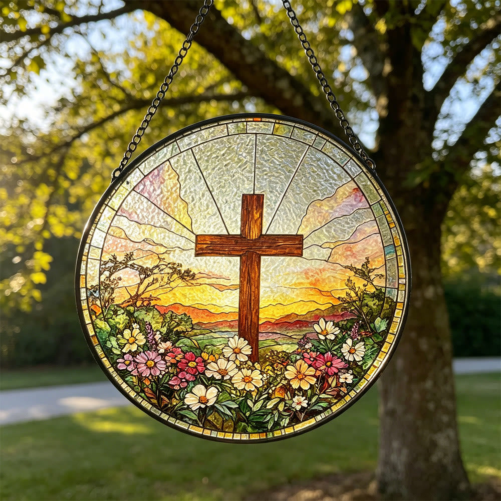 Christianartworkshop Croix ronde en vitrail, attrape-soleil floral au coucher du soleil, à suspendre à la fenêtre : symbole de chaleur et de bénédiction divines - image 5