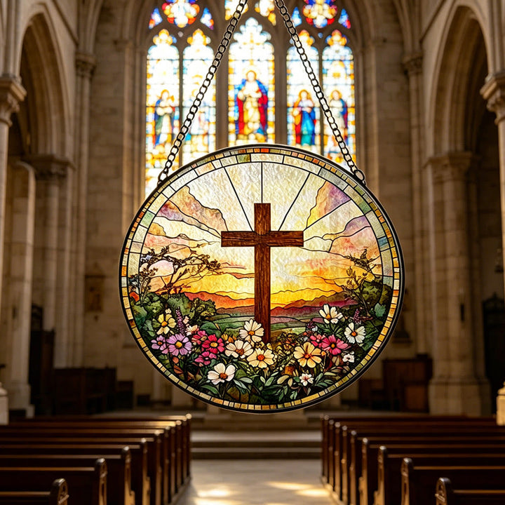 Christianartworkshop Croix ronde en vitrail, attrape-soleil floral au coucher du soleil, à suspendre à la fenêtre : symbole de chaleur et de bénédiction divines - image 2