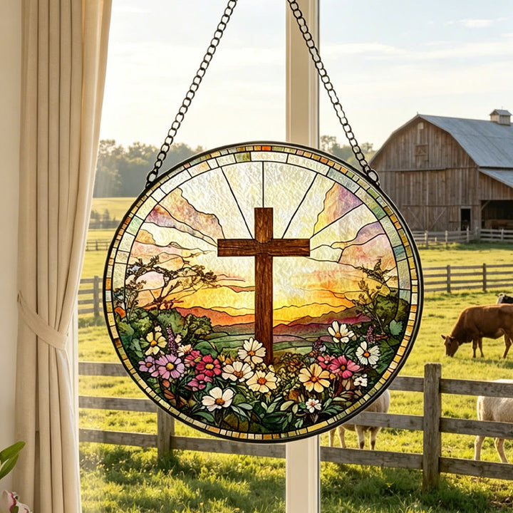 Christianartworkshop Croix ronde en vitrail, attrape-soleil floral au coucher du soleil, à suspendre à la fenêtre : symbole de chaleur et de bénédiction divines - Attrape-soleil en croix - image 0