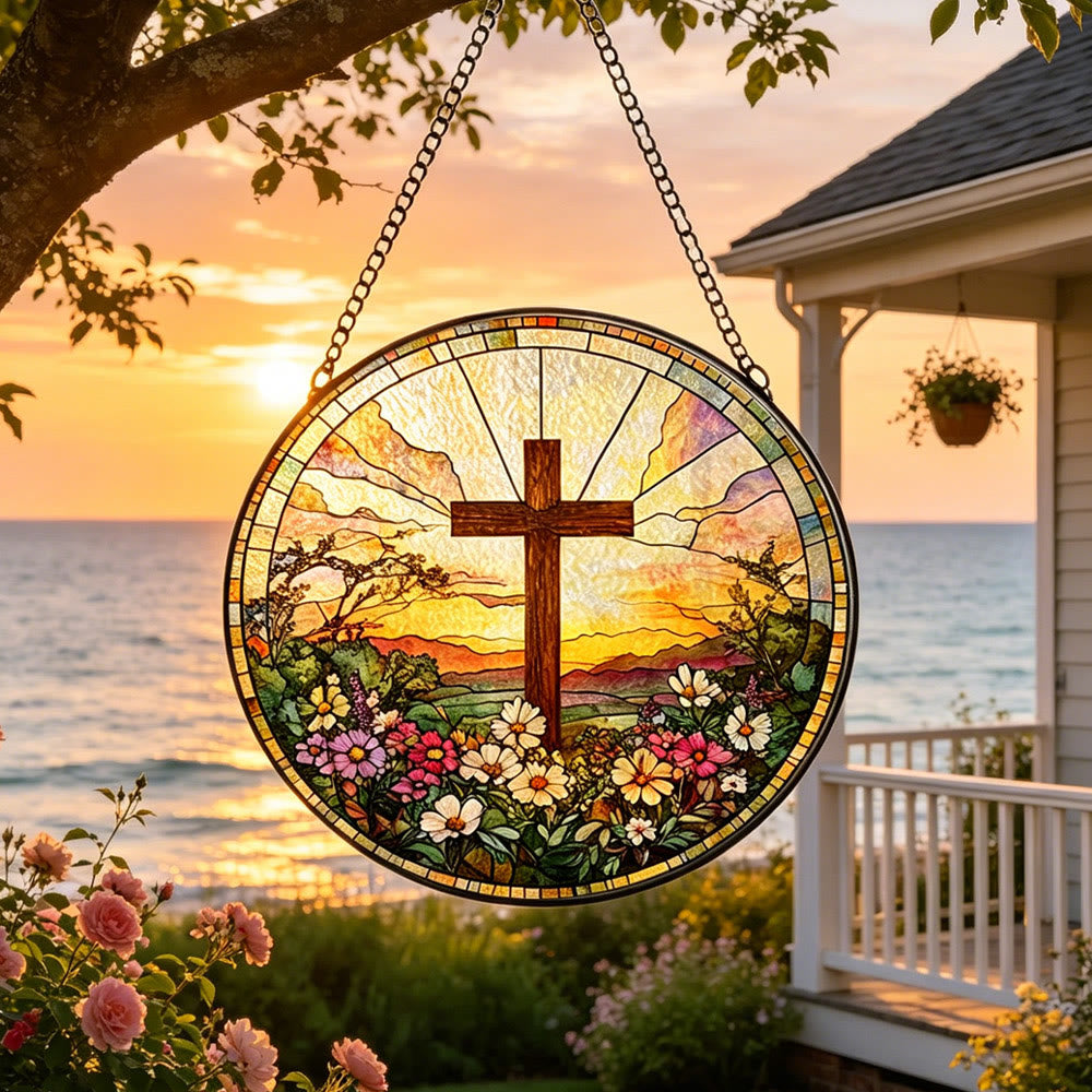 Christianartworkshop Croix ronde en vitrail, attrape-soleil floral au coucher du soleil, à suspendre à la fenêtre : symbole de chaleur et de bénédiction divines - image 4