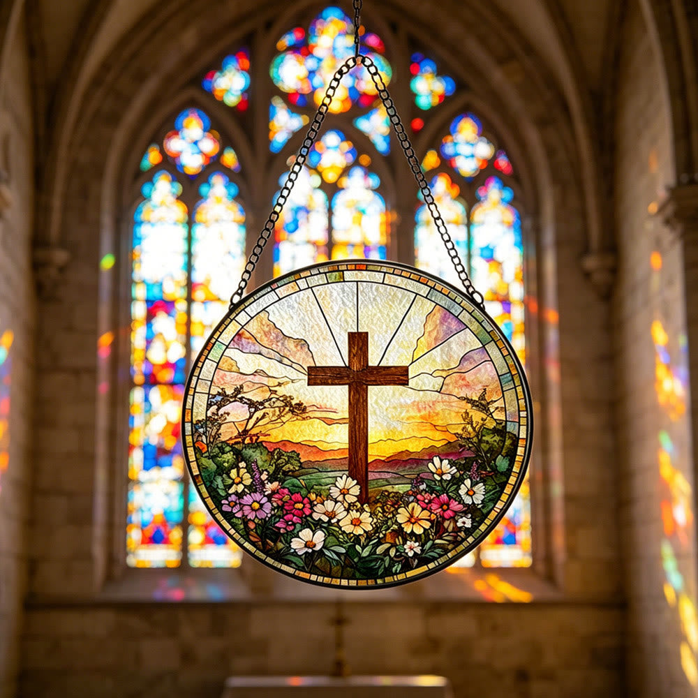 Christianartworkshop Croix ronde en vitrail, attrape-soleil floral au coucher du soleil, à suspendre à la fenêtre : symbole de chaleur et de bénédiction divines - image 1