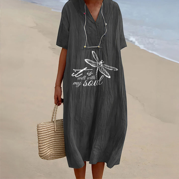 Christianartworkshop Robe midi d'été à manches courtes et col en V avec motif libellule et verset de foi Faith - Noir - 4XL - image 3