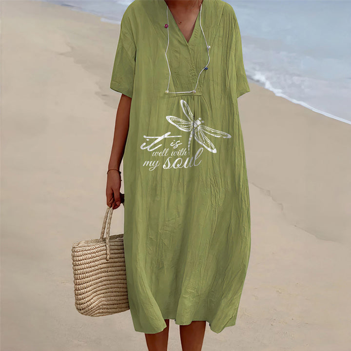 Christianartworkshop Robe midi d'été à manches courtes et col en V avec motif libellule et verset de foi Faith - Vert olive - 4XL - image 15