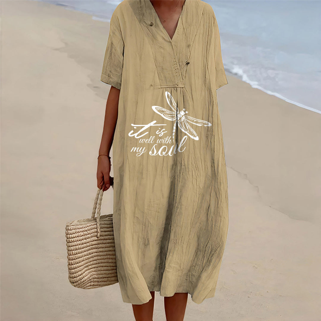 Christianartworkshop Robe midi d'été à manches courtes et col en V avec motif libellule et verset de foi Faith - Kaki - 4XL - image 9