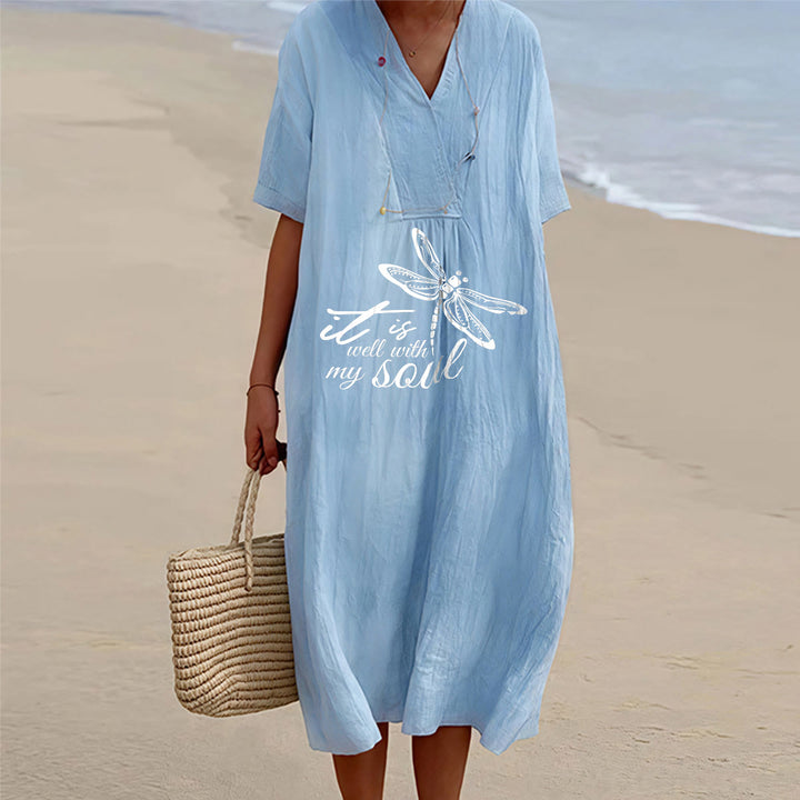 Christianartworkshop Robe midi d'été à manches courtes et col en V avec motif libellule et verset de foi Faith - Bleu - 4XL - image 6