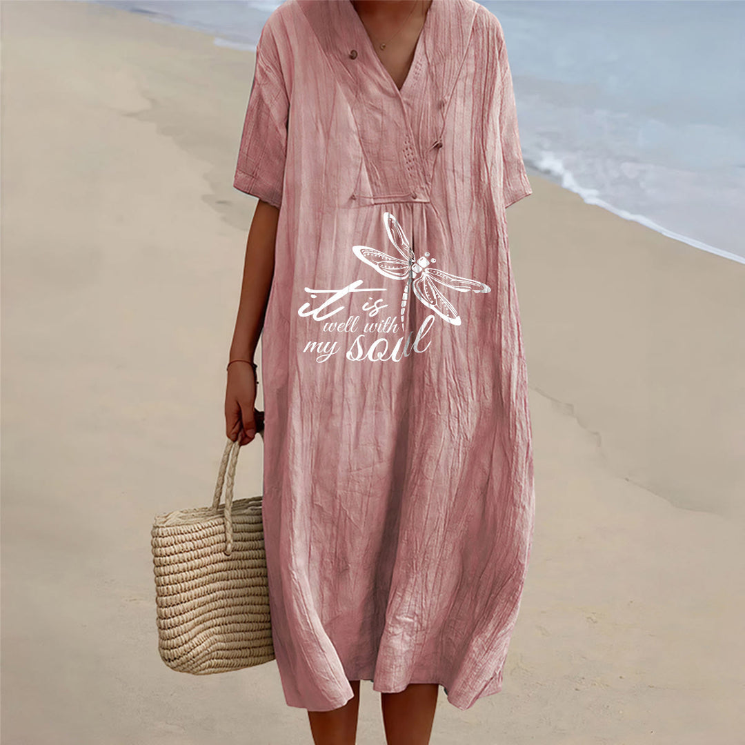 Christianartworkshop Robe midi d'été à manches courtes et col en V avec motif libellule et verset de foi Faith - Rose - 4XL - image 12