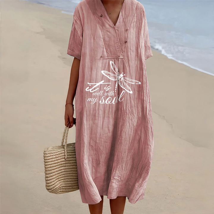 Christianartworkshop Robe midi d'été à manches courtes et col en V avec motif libellule et verset de foi Faith - Rose - 4XL - image 12