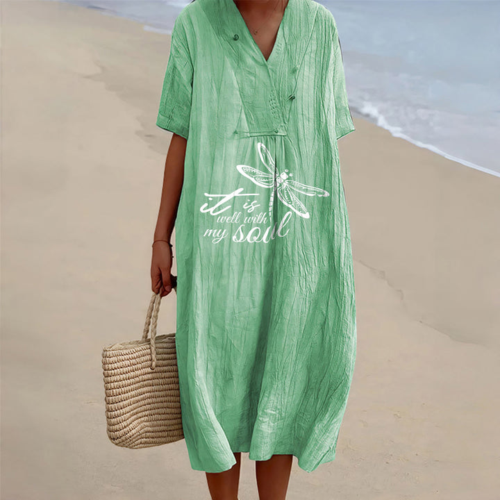 Christianartworkshop Robe midi d'été à manches courtes et col en V avec motif libellule et verset de foi Faith - Vert - 4XL - image 0
