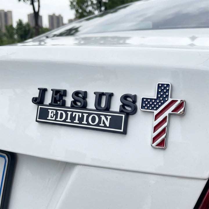 Christianartworkshop Insigne de voiture en métal 3D « Jésus » avec croix à motif drapeau américain : un symbole de foi et d'honneur national - Croix du drapeau américain - Jésus en noir et blanc - image 4