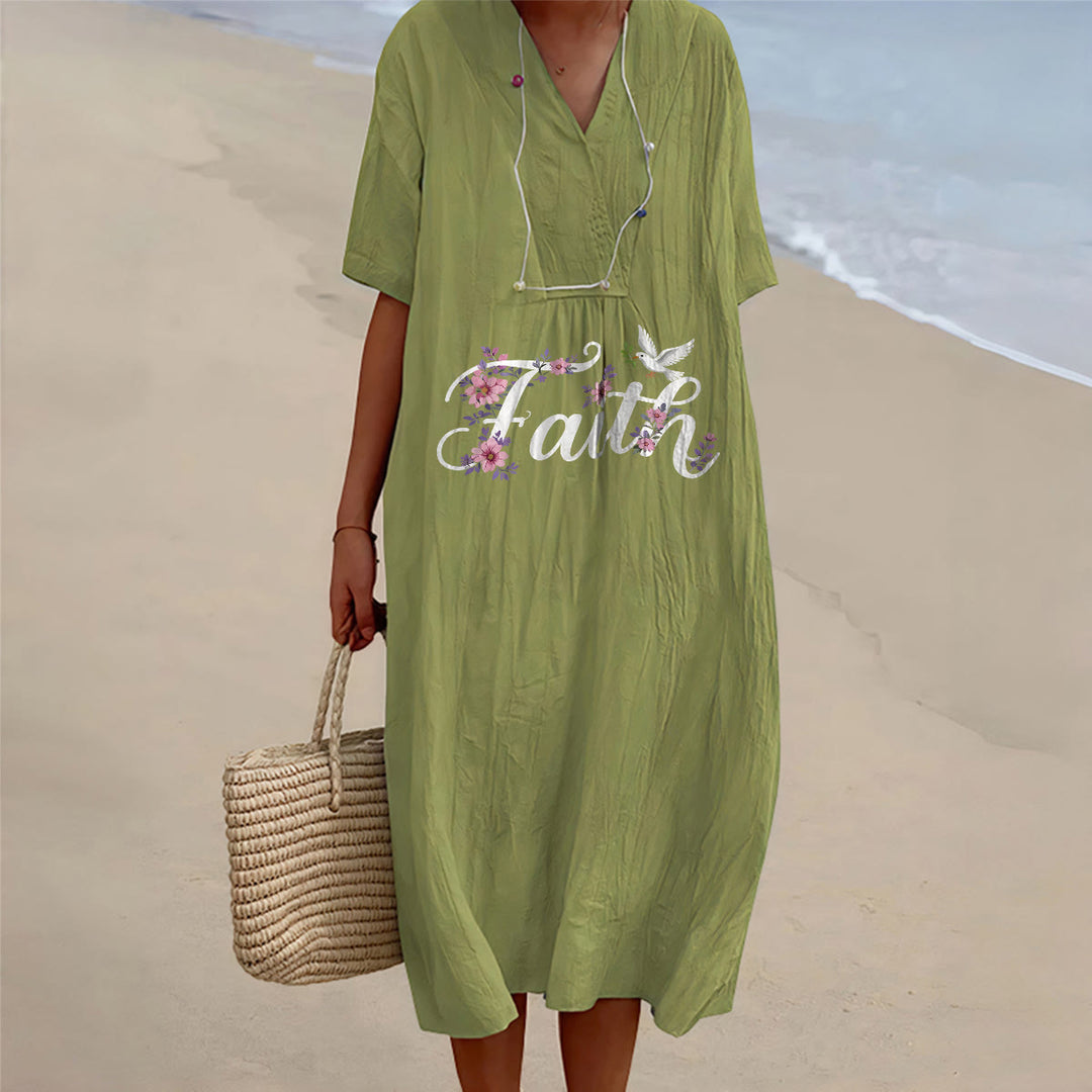 Christianartworkshop Robe midi de plage Faith Script blanche à imprimé colombes et fleurs, col en V - Vert olive - 4XL - image 15