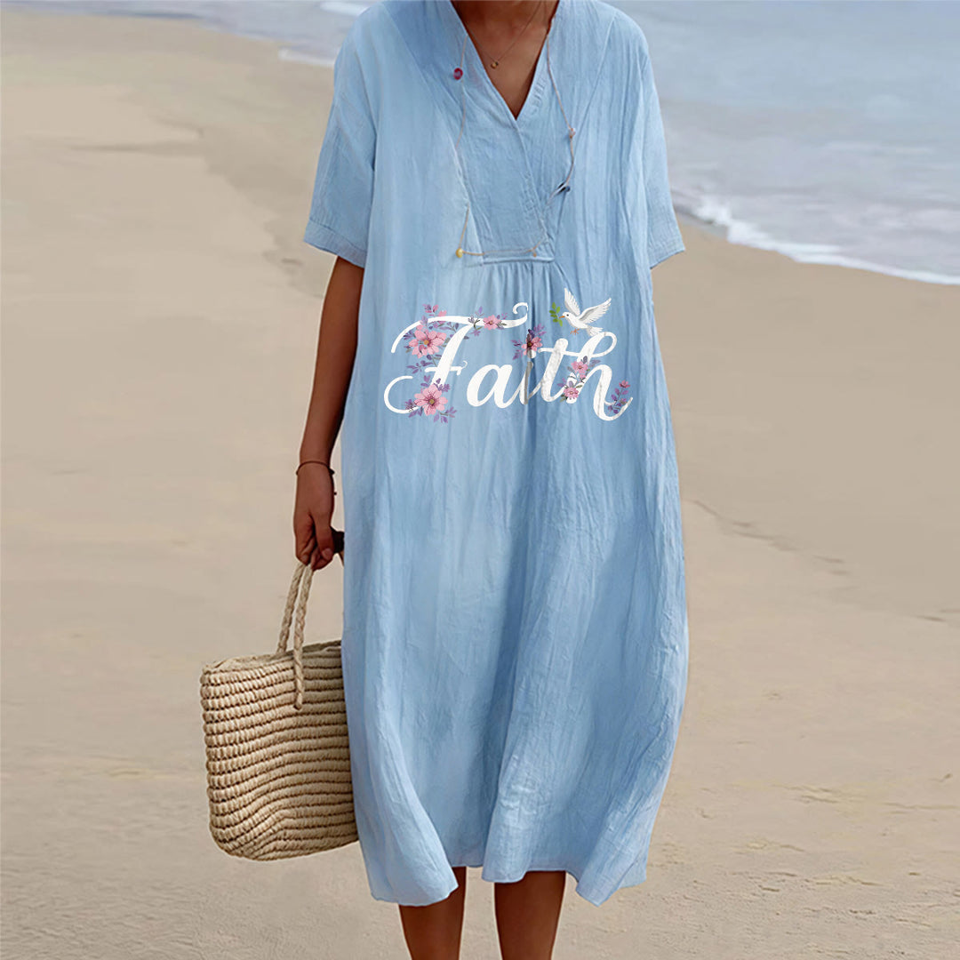 Christianartworkshop Robe midi de plage Faith Script blanche à imprimé colombes et fleurs, col en V - image 10