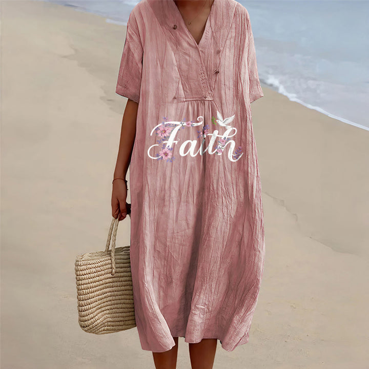 Christianartworkshop Robe midi de plage Faith Script blanche à imprimé colombes et fleurs, col en V - Rose - 4XL - image 0