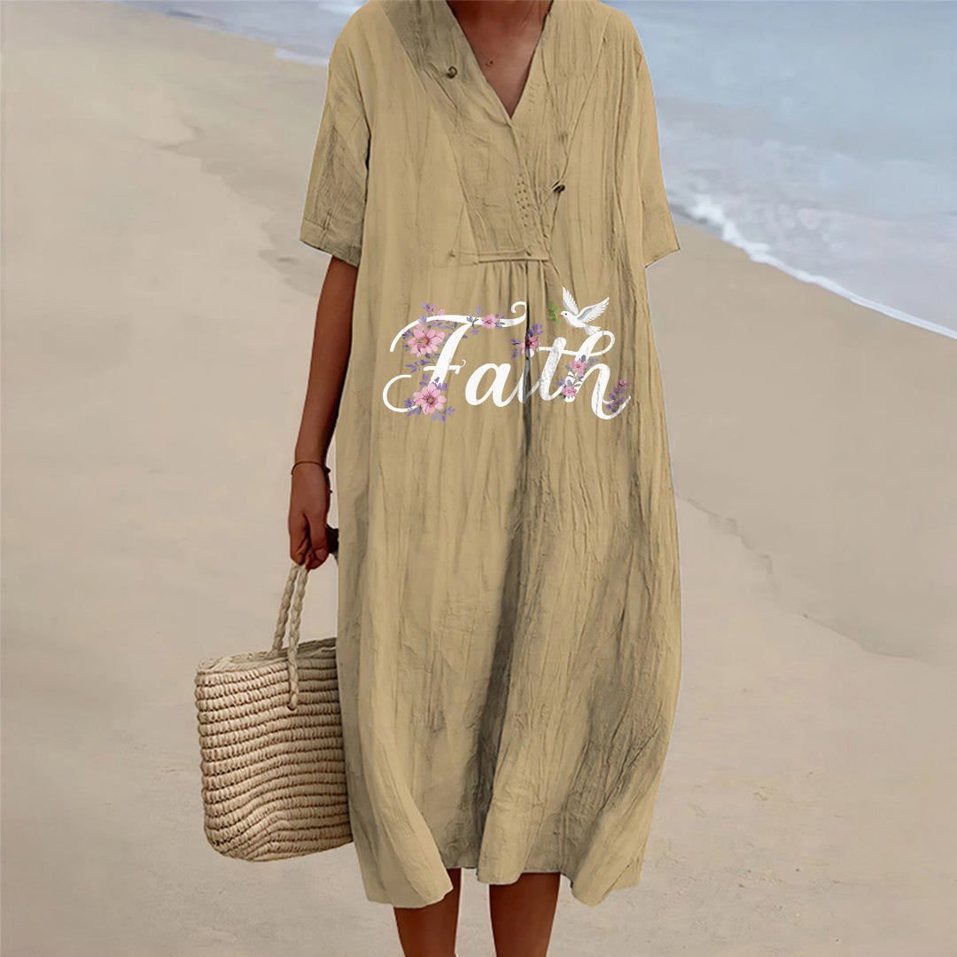 Christianartworkshop Robe midi de plage Faith Script blanche à imprimé colombes et fleurs, col en V - Kaki - 4XL - image 12