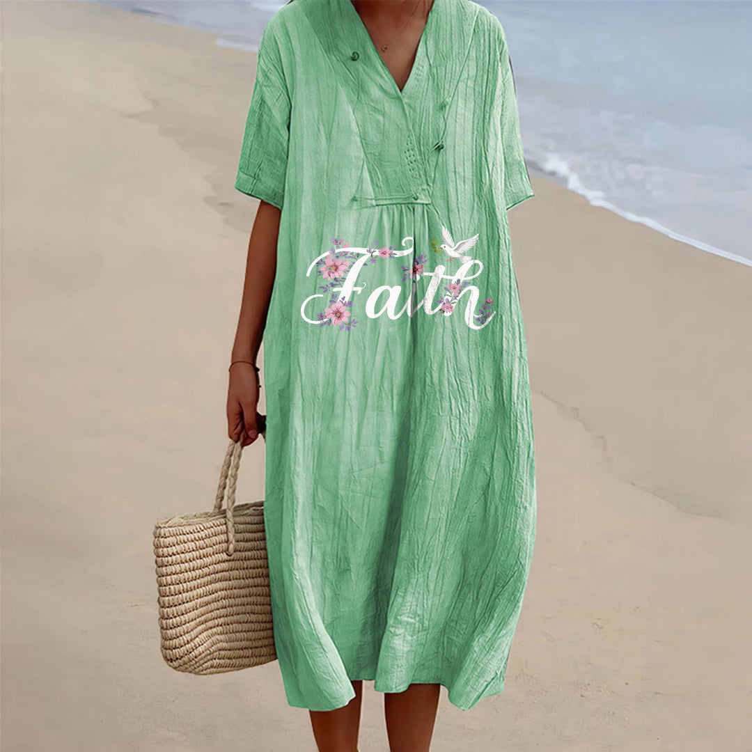 Christianartworkshop Robe midi de plage Faith Script blanche à imprimé colombes et fleurs, col en V - Vert - 4XL - image 3