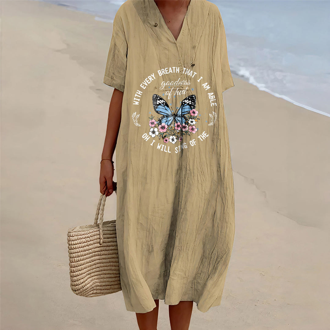 Christianartworkshop Robe midi à manches courtes et col en V ornée de versets bibliques, de papillons et de fleurs - Kaki - 4XL - image 0