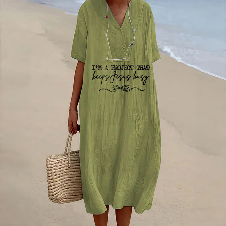 Christianartworkshop Robe midi à manches courtes et col en V avec détail nœud « Je suis un projet qui occupe Jésus » - Vert olive - 4XL - image 15