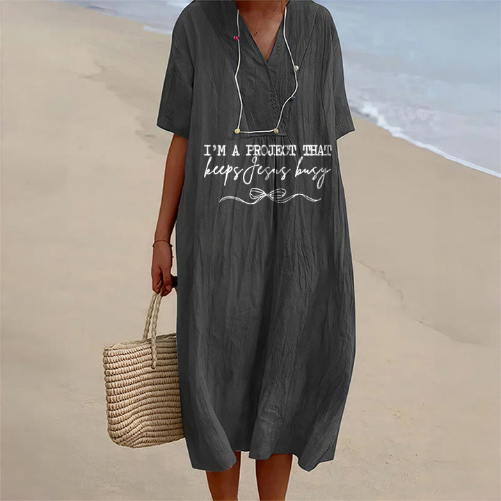 Christianartworkshop Robe midi à manches courtes et col en V avec détail nœud « Je suis un projet qui occupe Jésus » - Noir - 4XL - image 9