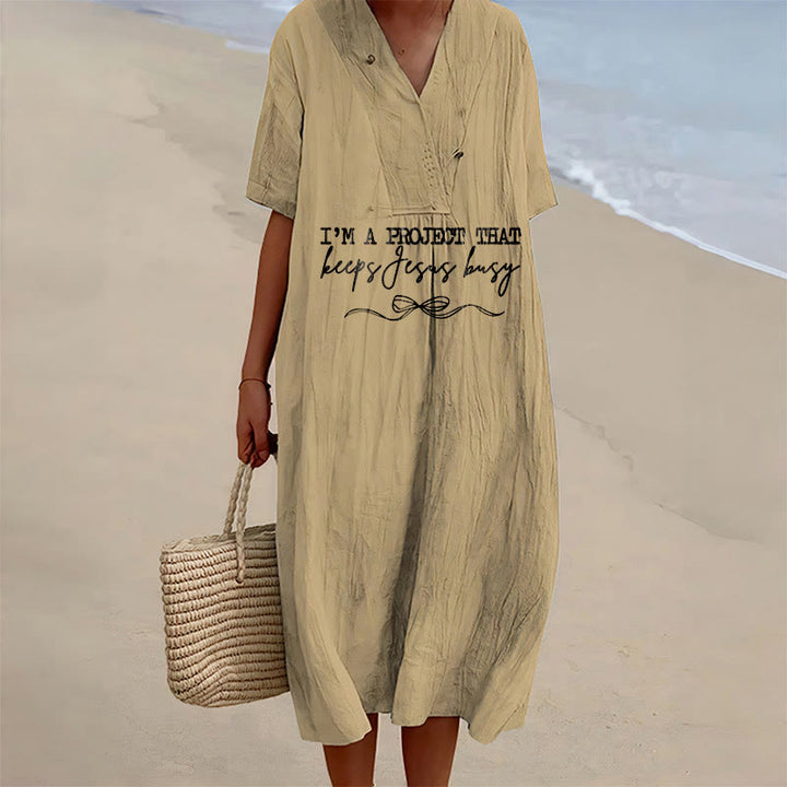 Christianartworkshop Robe midi à manches courtes et col en V avec détail nœud « Je suis un projet qui occupe Jésus » - Kaki - 4XL - image 12