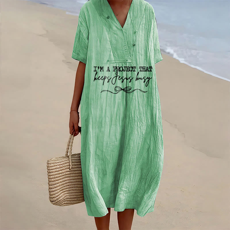 Christianartworkshop Robe midi à manches courtes et col en V avec détail nœud « Je suis un projet qui occupe Jésus » - Vert - 4XL - image 6
