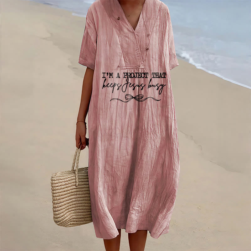 Christianartworkshop Robe midi à manches courtes et col en V avec détail nœud « Je suis un projet qui occupe Jésus » - Rose - 4XL - image 3