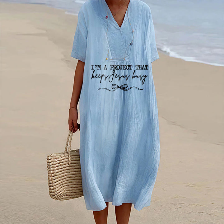 Christianartworkshop Robe midi à manches courtes et col en V avec détail nœud « Je suis un projet qui occupe Jésus » - Bleu - 4XL - image 0