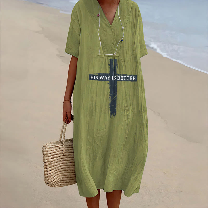 Christianartworkshop Robe midi vintage à imprimé croix et col en V, manches courtes « His Way Is Better » - Vert olive - 4XL - image 0