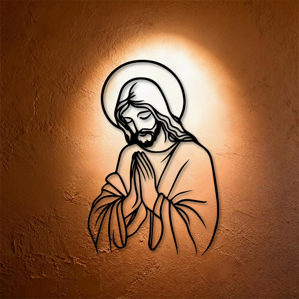 Christianartworkshop Décoration murale en métal représentant Jésus en prière, auréole et dessin minimaliste : un symbole d’humble dévotion sacrée - image 1