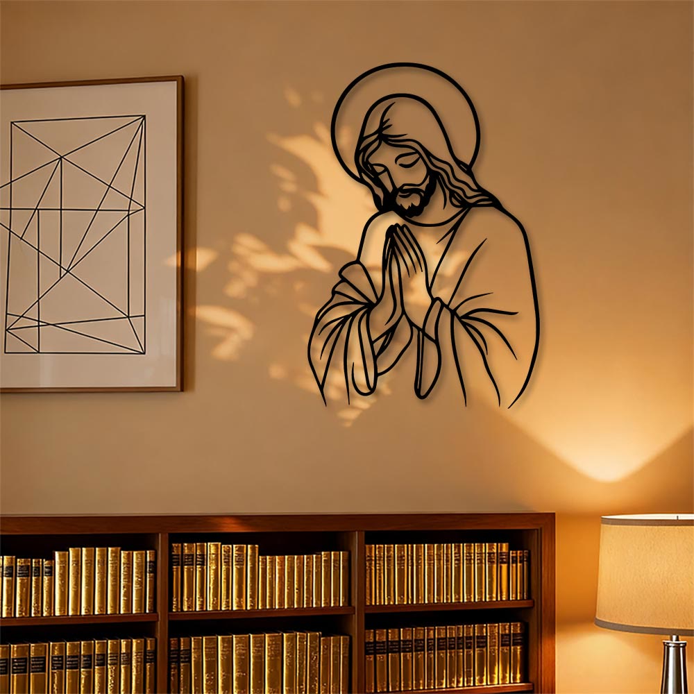 Christianartworkshop Décoration murale en métal représentant Jésus en prière, auréole et dessin minimaliste : un symbole d’humble dévotion sacrée - image 0