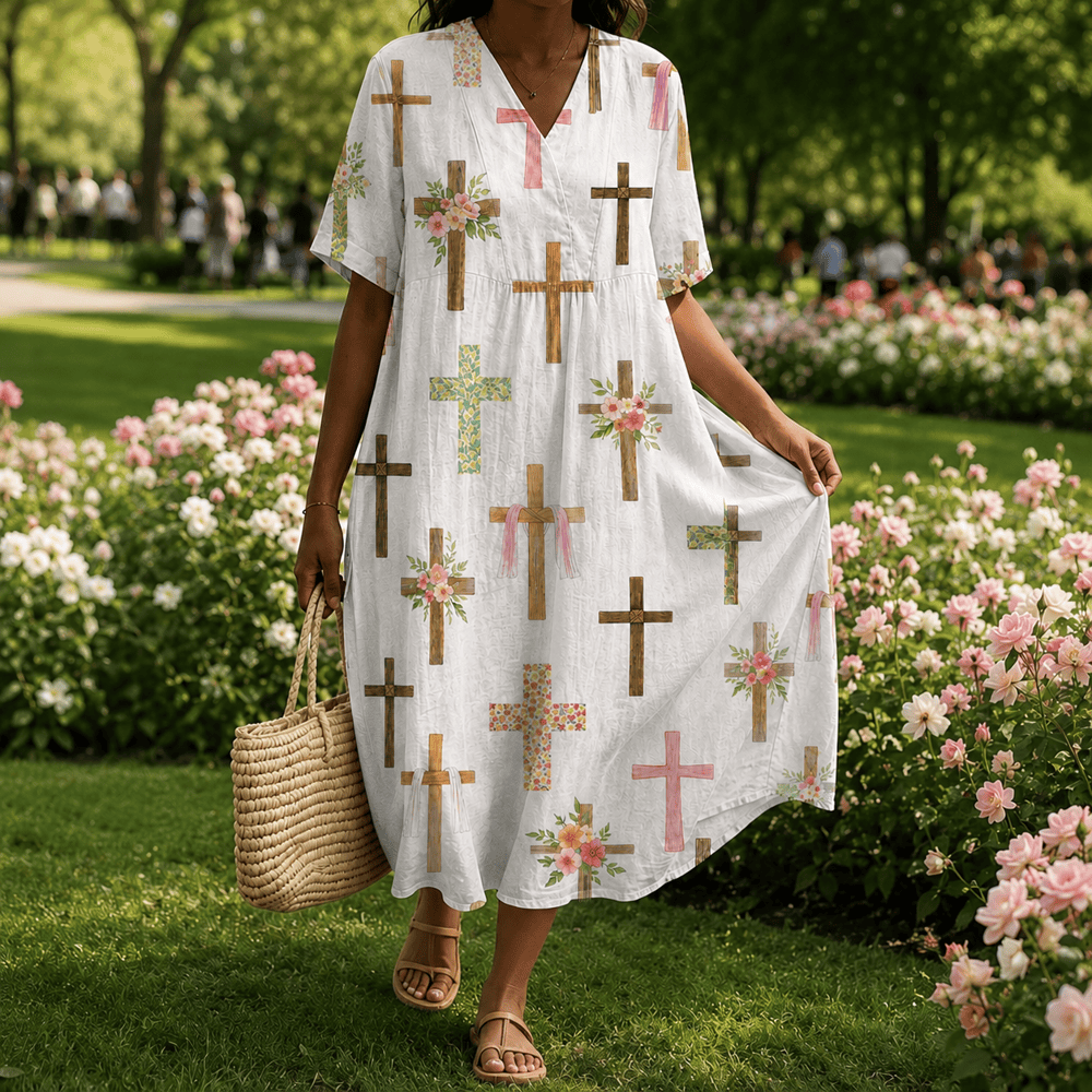 Robe midi à manches courtes et col en V à imprimé floral croisé Christianartworkshop - 4XL - image 0