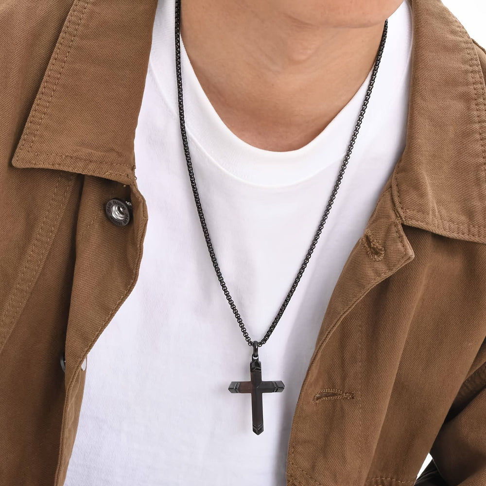 Christianartworkshop Collier à pendentif croix en bois massif incrusté d'acier inoxydable bicolore et chaîne maille forçat - image 1