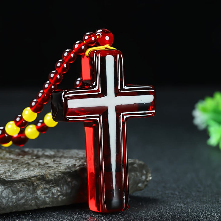 Christianartworkshop Pendentif croix en résine brillante imitation ambre avec cordon ajustable et perles alternées - Rouge - image 0