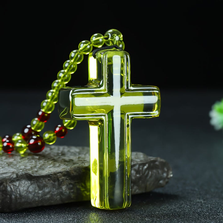 Christianartworkshop Pendentif croix en résine brillante imitation ambre avec cordon ajustable et perles alternées - Vert - image 3