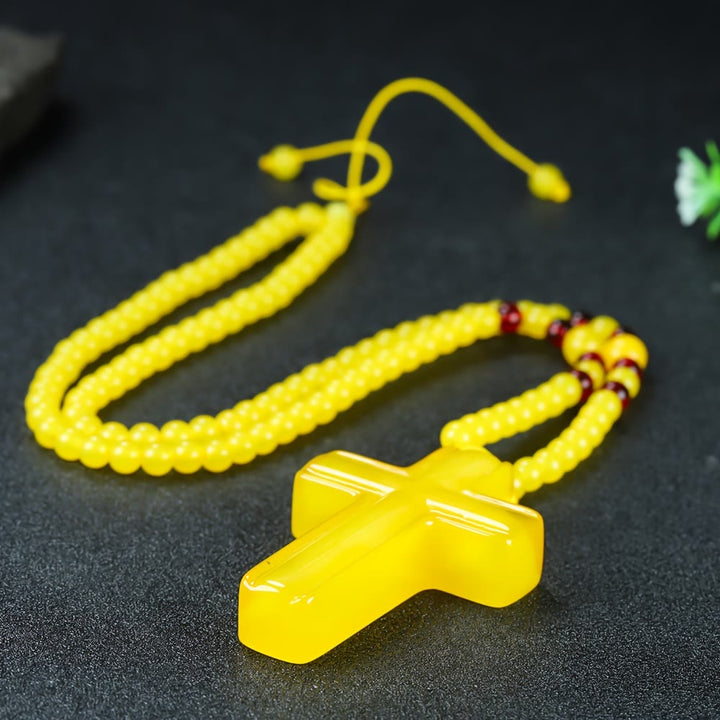 Christianartworkshop Pendentif croix en résine brillante imitation ambre avec cordon ajustable et perles alternées - Jaune - image 5