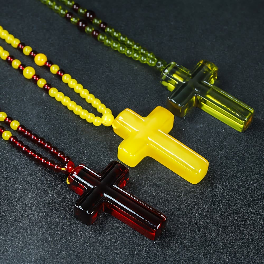 Christianartworkshop Pendentif croix en résine brillante imitation ambre avec cordon ajustable et perles alternées - image 1