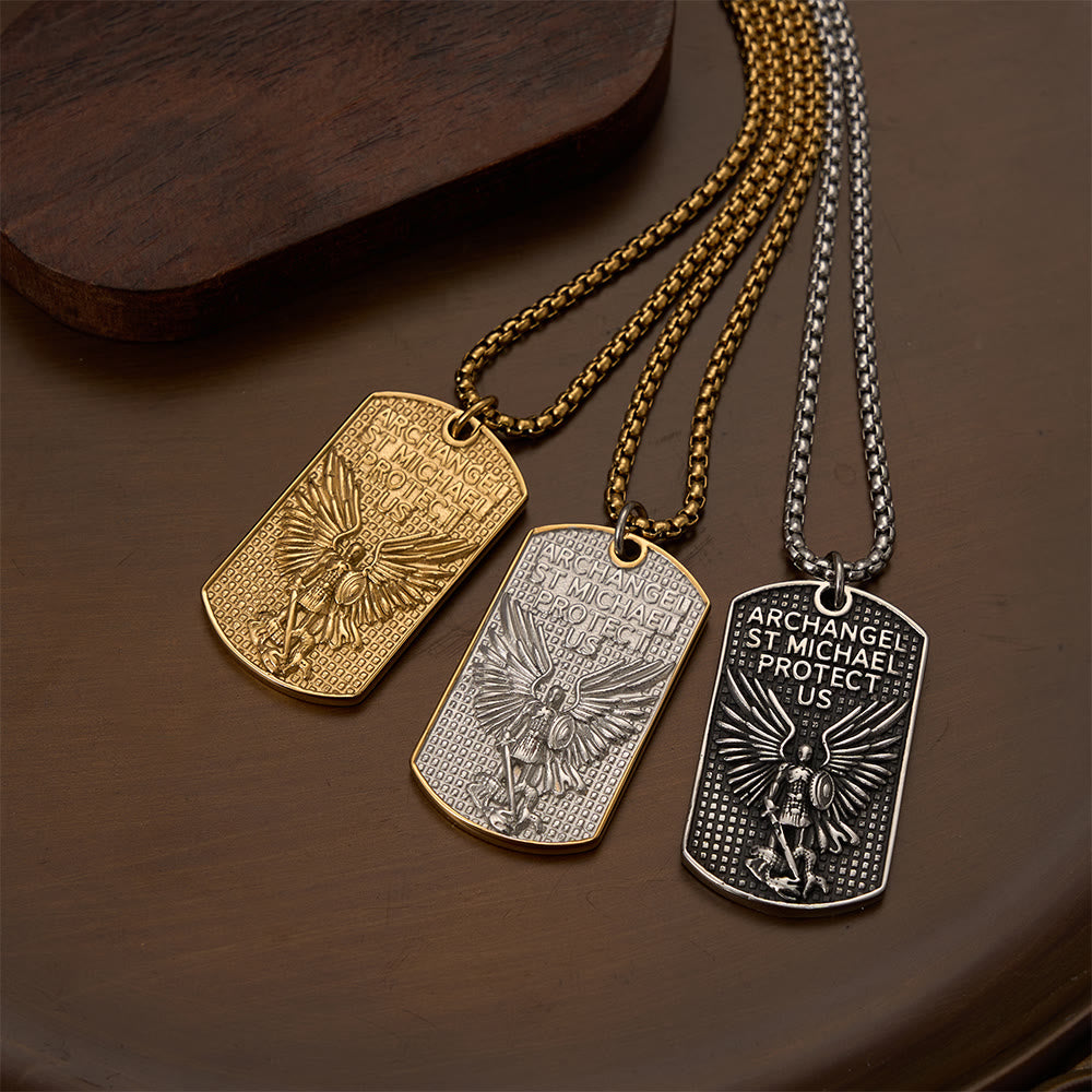 Christianartworkshop Collier à maillons avec plaque militaire gravée double face à l'effigie de l'archange Saint Michel : un emblème de dévotion sacrée et courageuse - image 0