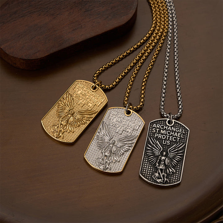 Christianartworkshop Collier à maillons avec plaque militaire gravée double face à l'effigie de l'archange Saint Michel : un emblème de dévotion sacrée et courageuse - image 0