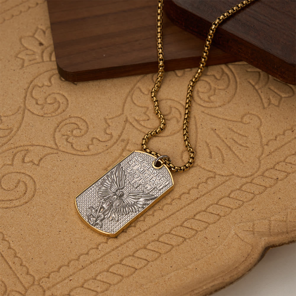 Christianartworkshop Collier à maillons avec plaque militaire gravée double face à l'effigie de l'archange Saint Michel : un emblème de dévotion sacrée et courageuse - Argent - image 5