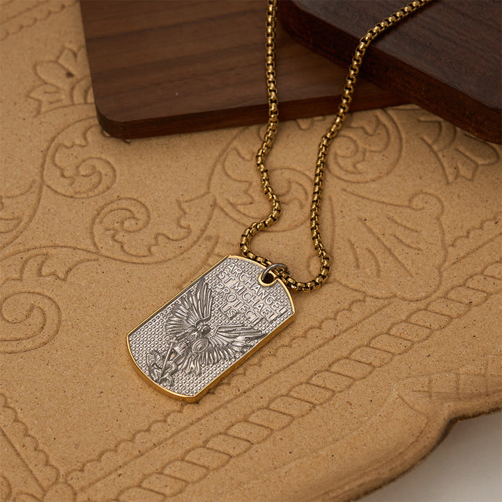 Christianartworkshop Collier à maillons avec plaque militaire gravée double face à l'effigie de l'archange Saint Michel : un emblème de dévotion sacrée et courageuse - Argent - image 5