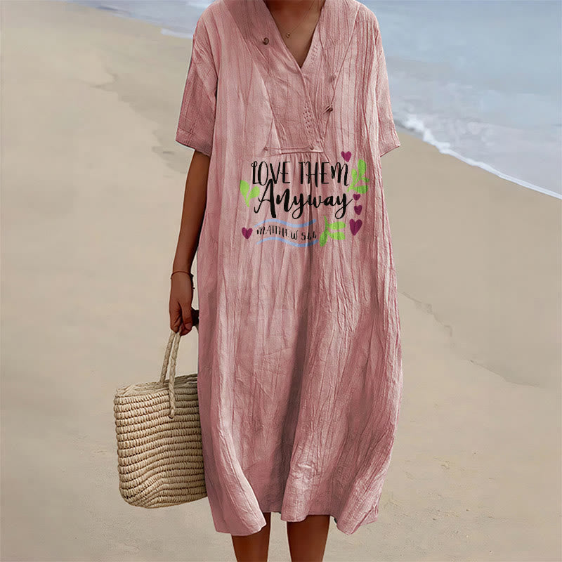 Christianartworkshop « Aimez-les quand même » Matthieu 5:44 Robe midi à manches courtes et col en V, imprimé cœur et feuilles - Rose - 4XL - image 6
