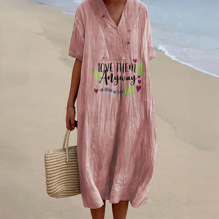 Christianartworkshop « Aimez-les quand même » Matthieu 5:44 Robe midi à manches courtes et col en V, imprimé cœur et feuilles - Rose - 4XL - image 6