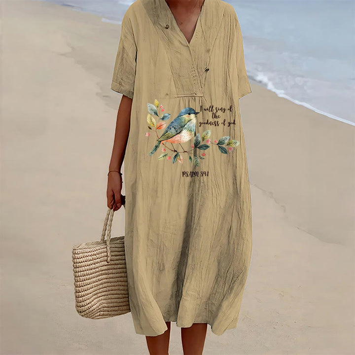 Christianartworkshop « Je chanterai la bonté de Dieu » Psaume 89:1 Robe midi à manches courtes et col en V, imprimé de branches d'oiseaux - Kaki - 4XL - image 15