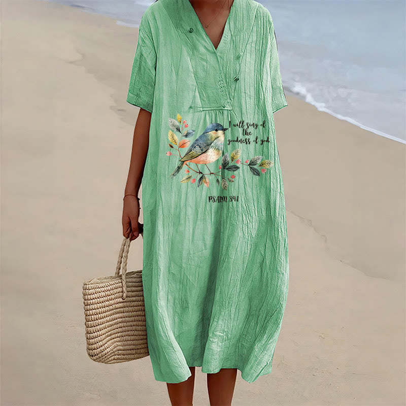 Christianartworkshop « Je chanterai la bonté de Dieu » Psaume 89:1 Robe midi à manches courtes et col en V, imprimé de branches d'oiseaux - Vert - 4XL - image 12