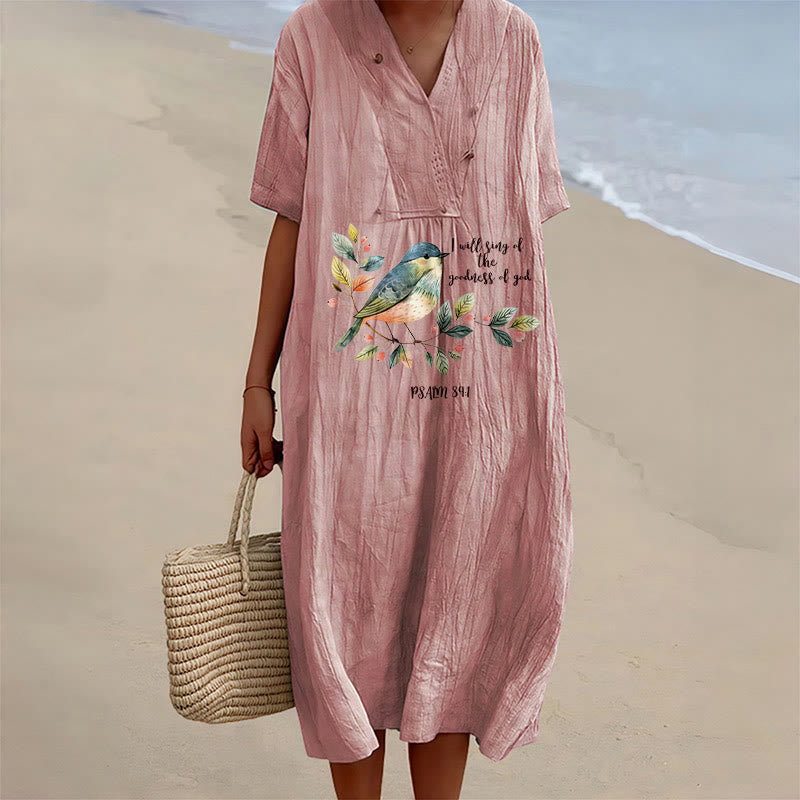 Christianartworkshop « Je chanterai la bonté de Dieu » Psaume 89:1 Robe midi à manches courtes et col en V, imprimé de branches d'oiseaux - Rose - 4XL - image 9