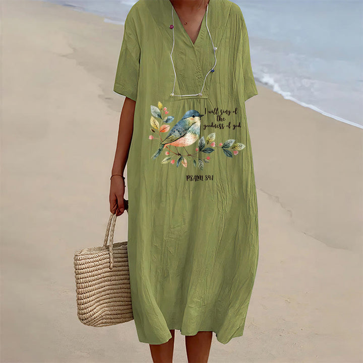 Christianartworkshop « Je chanterai la bonté de Dieu » Psaume 89:1 Robe midi à manches courtes et col en V, imprimé de branches d'oiseaux - Vert olive - 4XL - image 6