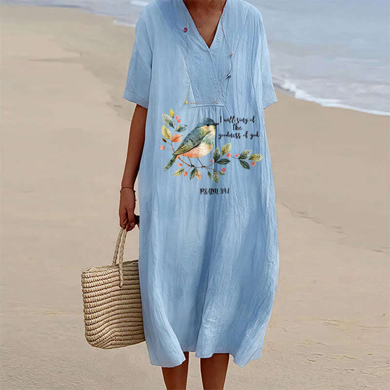 Christianartworkshop « Je chanterai la bonté de Dieu » Psaume 89:1 Robe midi à manches courtes et col en V, imprimé de branches d'oiseaux - Bleu - 4XL - image 0