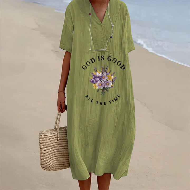 Christianartworkshop Robe midi à manches courtes et col en V, imprimé floral « Dieu est bon en tout temps » - Vert olive - 4XL - image 9