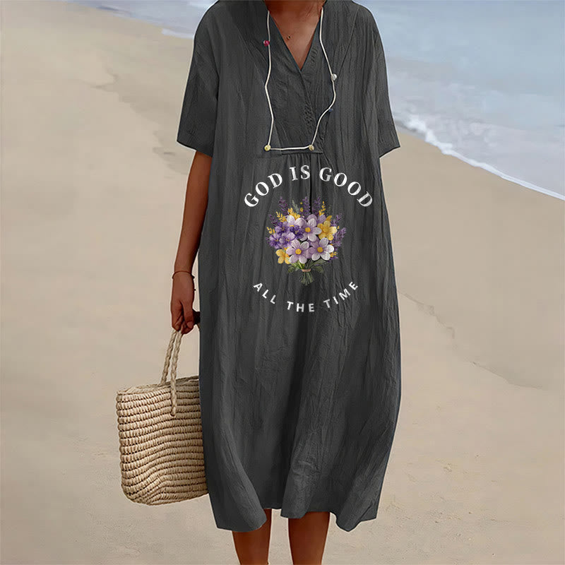 Christianartworkshop Robe midi à manches courtes et col en V, imprimé floral « Dieu est bon en tout temps » - Noir - 4XL - image 6