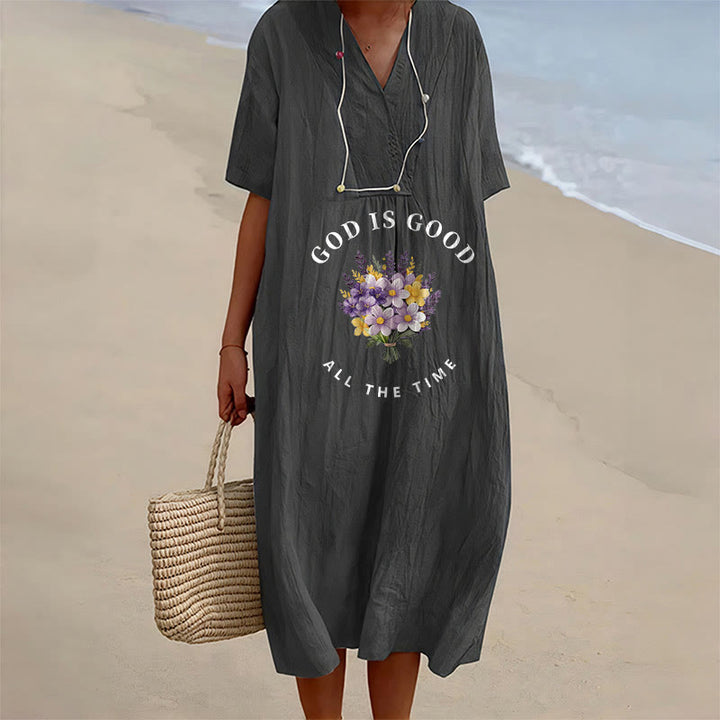 Christianartworkshop Robe midi à manches courtes et col en V, imprimé floral « Dieu est bon en tout temps » - Noir - 4XL - image 6