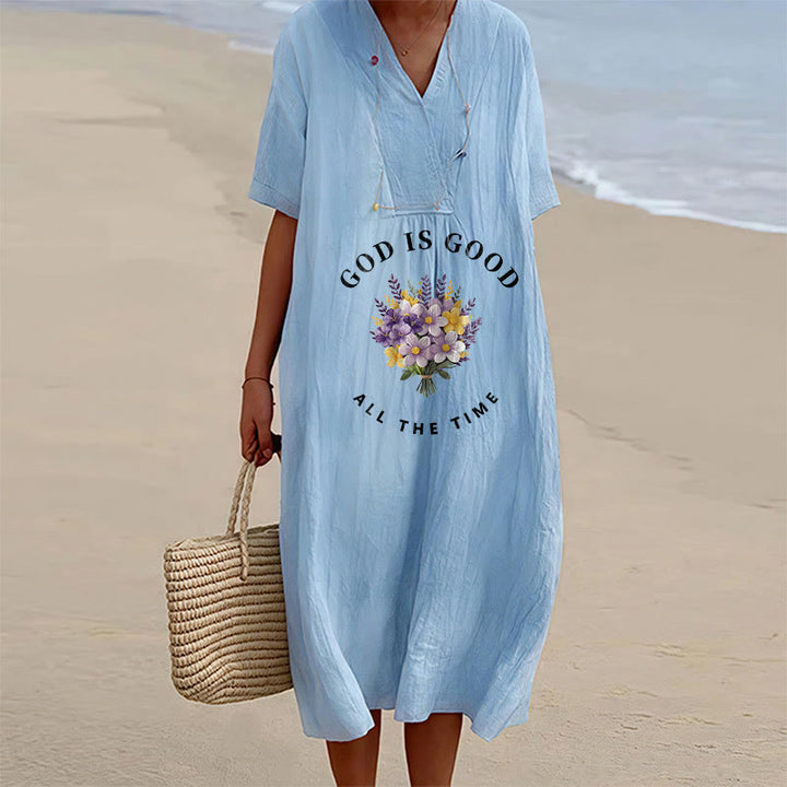 Christianartworkshop Robe midi à manches courtes et col en V, imprimé floral « Dieu est bon en tout temps » - Bleu - 4XL - image 3