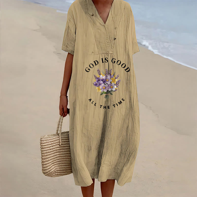 Christianartworkshop Robe midi à manches courtes et col en V, imprimé floral « Dieu est bon en tout temps » - Kaki - 4XL - image 15